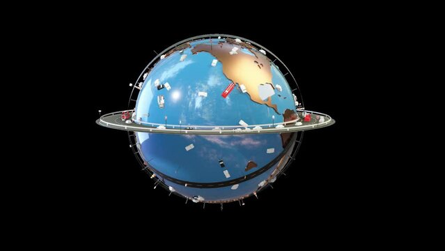 3d Earth with traffic revolving, pollution concept, loop, against black 