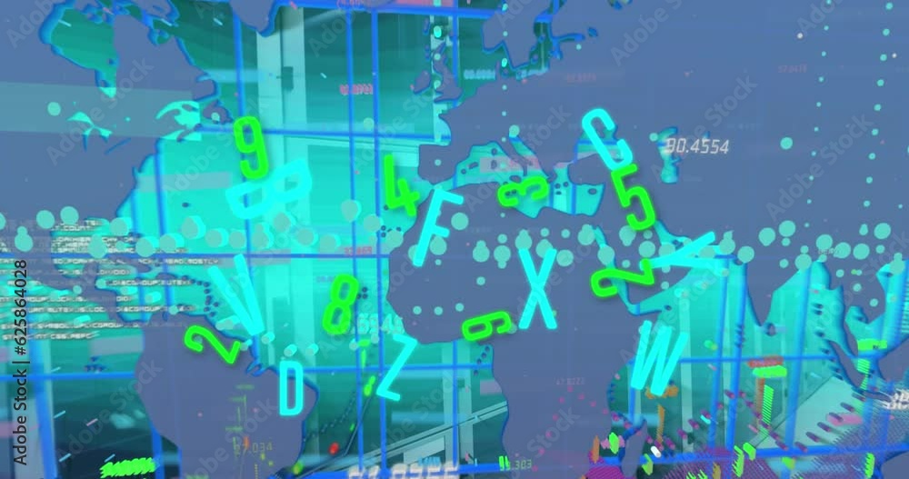 Poster animation of letters, numbers over graphs and map against server room in background
