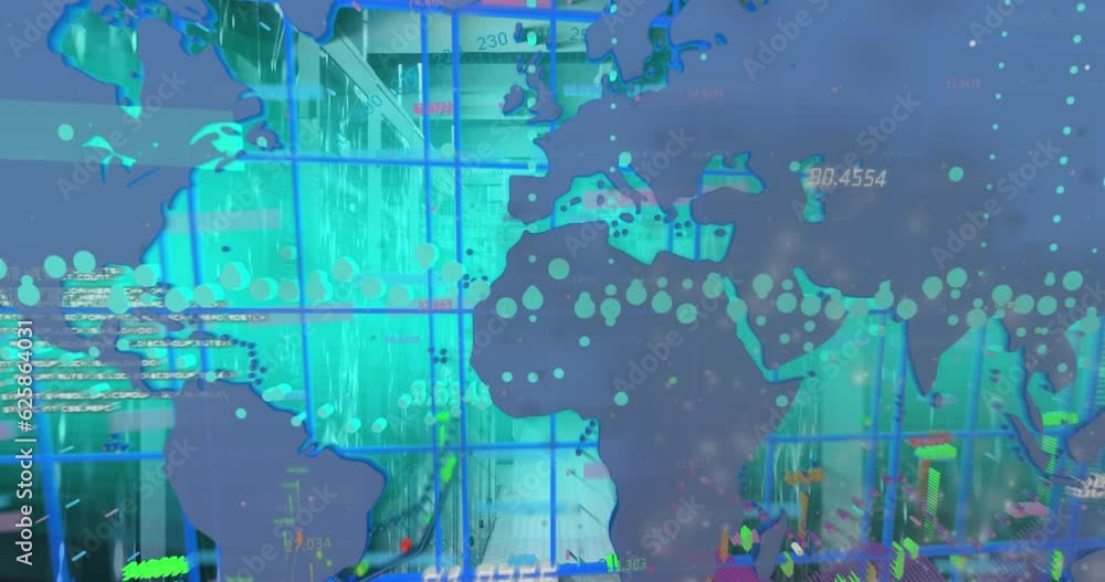 Poster animation of graphs, numbers and map over grid pattern against server room in background