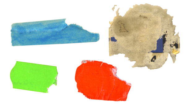 set of empty grungy adhesive price stickers, mulicolored price tags, with free  copy space, isolated on transparent backgronnd