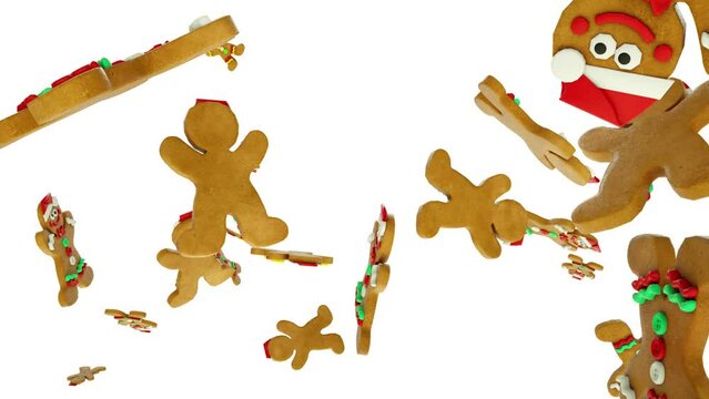 Christmas ginger bread flying with slow motion, against black 