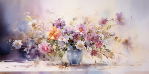  In a watercolor-inspired still life, tiny flowers take center stage. They adorn an antique porcelain vase Happy Birthday Watercolor Flowers Generative Ai Digital Illustration