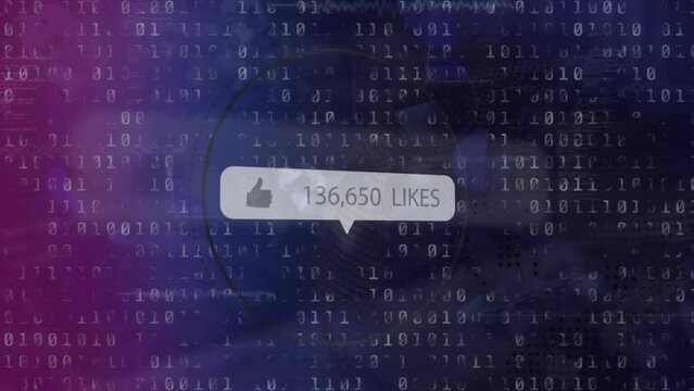 Animation of thumbs up icon, changing numbers and likes text in message box, circle, binary codes