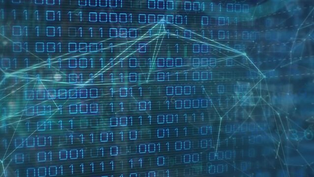 Animation of connected dots over looping binary codes against abstract background