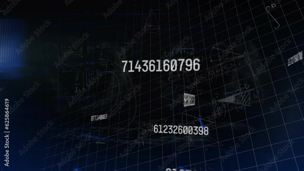 Poster animation of changing numbers over qr codes against mathematical equations and diagrams