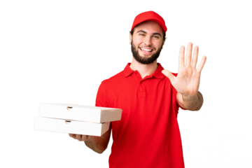 pizza delivery man with work uniform picking up pizza boxes over isolated chroma key background counting five with fingers