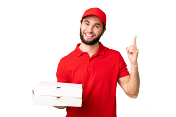 pizza delivery man with work uniform picking up pizza boxes over isolated chroma key background showing and lifting a finger in sign of the best