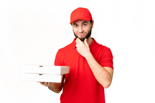 pizza delivery man with work uniform picking up pizza boxes over isolated chroma key background thinking