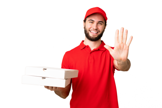 pizza delivery man with work uniform picking up pizza boxes over isolated chroma key background counting five with fingers