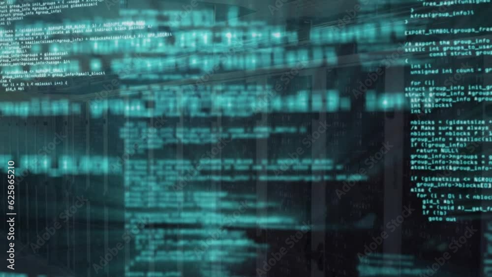 Poster animation of computer language against server room in background