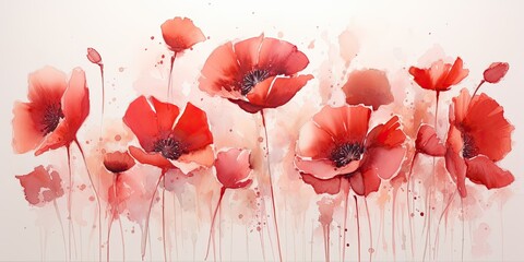 red watercolor flowers - In a captivating display of red hues, watercolor flowers bloom on a textured canvas. Red Watercolor Flowers Generative Ai Digital Illustration - obrazy, fototapety, plakaty