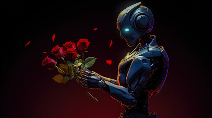 modern robot with a bouquet of red roses, gift to celebrate, made with Generative AI