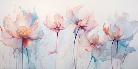  a textured canvas, delicate watercolor flower outlines take shape, their graceful presence evoking a sense of serenity and beauty.  Transparent Watercolor Flowers Generative Ai Digital Illustration