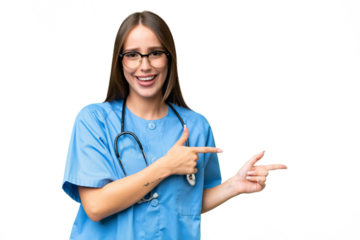 Young nurse caucasian woman over isolated background surprised and pointing side