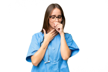Young nurse caucasian woman over isolated background is suffering with cough and feeling bad