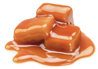 Caramel candies covered with melt caramel isolated on white background.