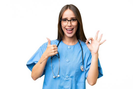 Young nurse caucasian woman over isolated background showing ok sign and thumb up gesture