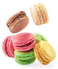 Colorful french macaroon cookies isolated on white background.