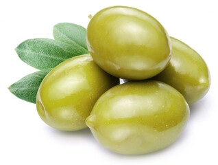 Green olives with leaves on white background. Close-up.