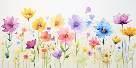 Fototapeta na wymiar Bright and colorful watercolor flowers dance across a celebratory canvas, their joyful presence radiating happiness and cheer. Tropical Watercolor Flowers Generative Ai Digital Illustration