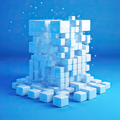 3D big white glass pixel on the blue background,3d blue cubes,blue cube on white,abstract blue cubes