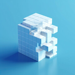 Obraz premium 3D big white glass pixel on the blue background,3d blue cubes,blue cube on white,abstract blue cubes