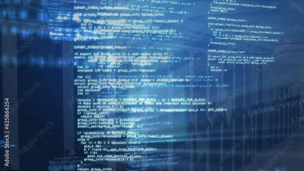Poster animation of illuminated computer language against server room in background