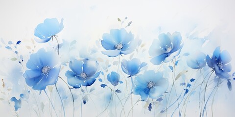 Serene blue watercolor flowers bloom on a pristine canvas, their delicate petals captivating the viewer's gaze.   Blue Watercolor Flowers Generative Ai Digital Illustration