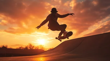 Poster a skateboarder performing tricks in a skate park at golden hour: The dynamic silhouette of a skateboarder mid-air, with the setting sun casting long shadows and enhancing the energy and creativity of  © siripimon2525