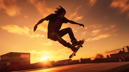 Fototapeta na wymiar a skateboarder performing tricks in a skate park at golden hour: The dynamic silhouette of a skateboarder mid-air, with the setting sun casting long shadows and enhancing the energy and creativity of 