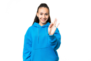 Young Arabian woman over isolated chroma key background happy and counting three with fingers