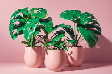 3D rendering of tropical houseplant Monstera and philodendron in flower pots on pink background