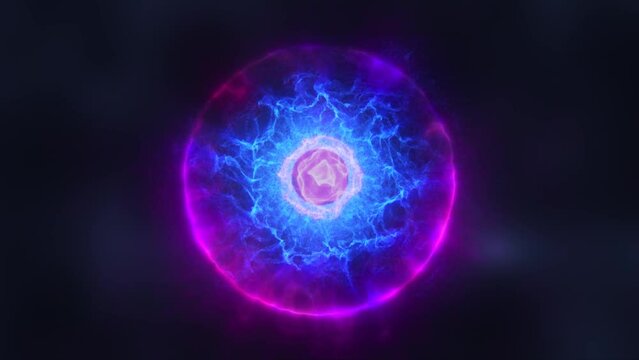 Abstract energy blue sphere atom with electrons flying glowing particles and magic purple field, science futuristic hi-tech background
