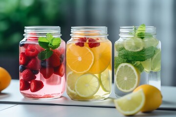 Fototapeta na wymiar Refreshing lemonades with fruit are in cans, mojito, orange and berry