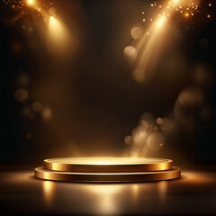 Gold podium on dark background with smoke. Empty pedestal for award ceremony. Platform illuminated by spotlights. Made with generative ai