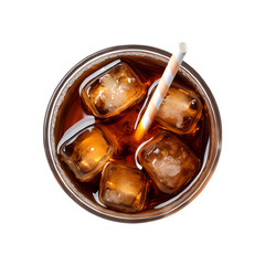 Cola with ice cubes in glass top view isolated on white background - obrazy, fototapety, plakaty