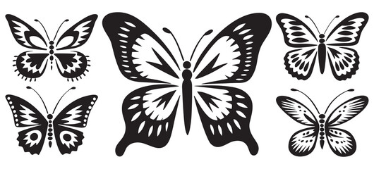 Butterfly set of black and white wings in the style of wavy lines. Butterfly tattoo silhouettes for wall decoration, hand drawn stickers for your backgrounds