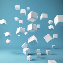 3D white cubes with rounded corners levitate in the air,abstract blue background with squares