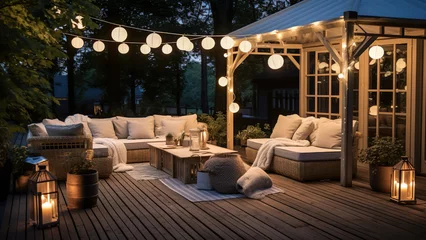 Foto auf Acrylglas Garten Summer evening on the patio of beautiful suburban house with lights in the garden garden, digital ai