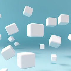 3D white cubes with rounded corners levitate in the air,abstract blue background with squares