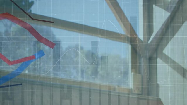 Animation of multiple graphs over wooden house glass window against trees and sky