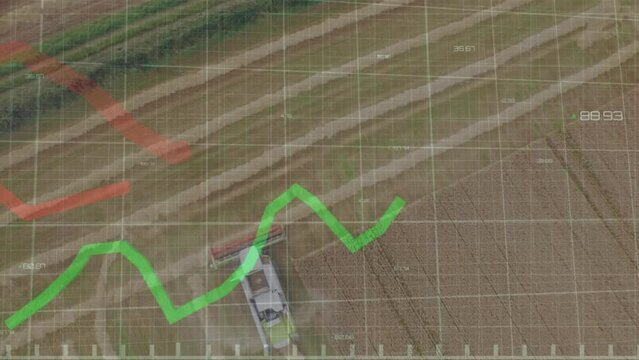 Animation of graphs with changing numbers, aerial view of harvest vehicle on agriculture field