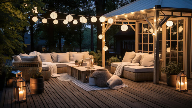 Summer evening on the patio of beautiful suburban house with lights in the garden garden, digital ai