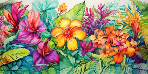 a Pixar rendering of tropical watercolor flowers, bringing the vibrant blooms to life with intricate details and subtle lighting, Tropical Watercolor Flowers Generative Ai Digital Illustration