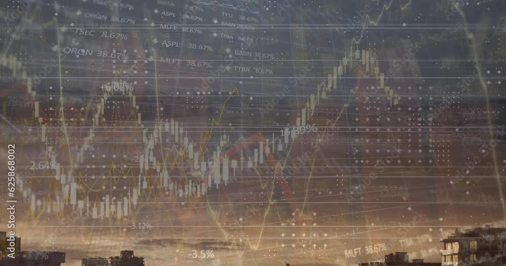 Poster animation of graphs with numbers and trading boards over silhouette of modern city