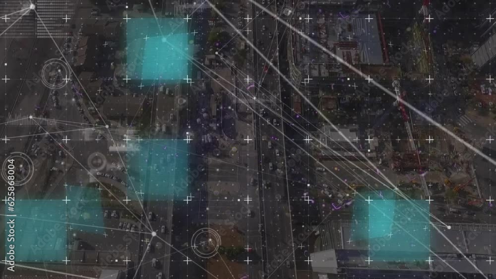 Aufkleber animation of connected dots with graph icons over square against aerial view of vehicles on street