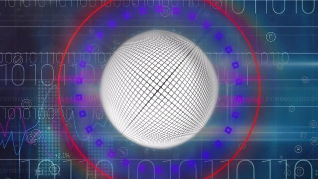 Animation of globe in circles over graphs and binary codes against abstract background