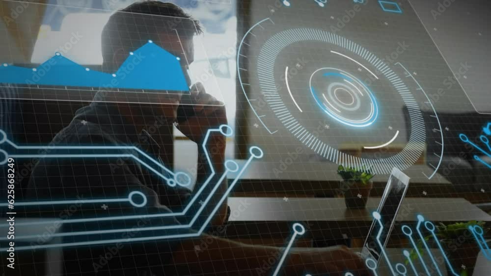 Poster animation of graph, computer language, caucasian man working on laptop and talking on cellphone