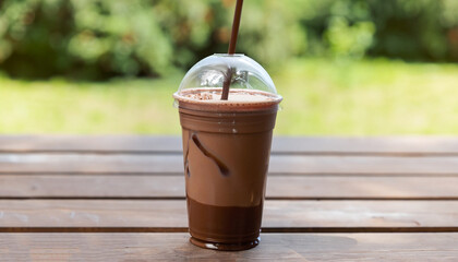 chocolate milkshake in disposable plastic glass with straw on wooden table outdoors