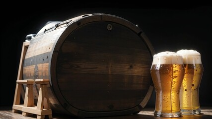 a barrel and two glasses of beer on a table